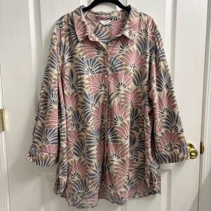 Intro Button Up Linen Tunic Top 3X Roll Tab Sleeves